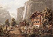 Gabriel Lory fils Fall taken Staubbach has l-entree of the town of Lauterbrunne oil painting on canvas